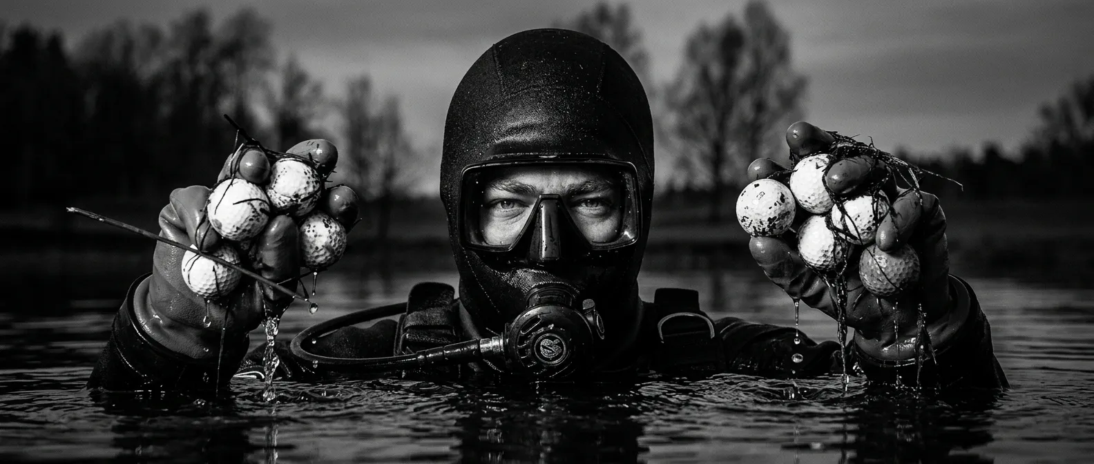 Golfbollsdykare med två handfullar bärgade golfbollar, klädd i drysuit och fullansiktsmask